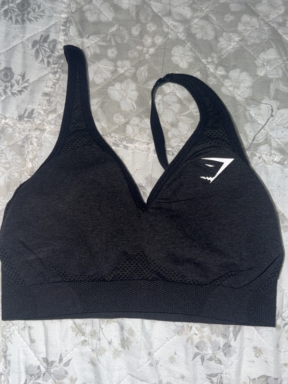 Gymshark Black Seamless V-Neck Sports Bra with White Logo